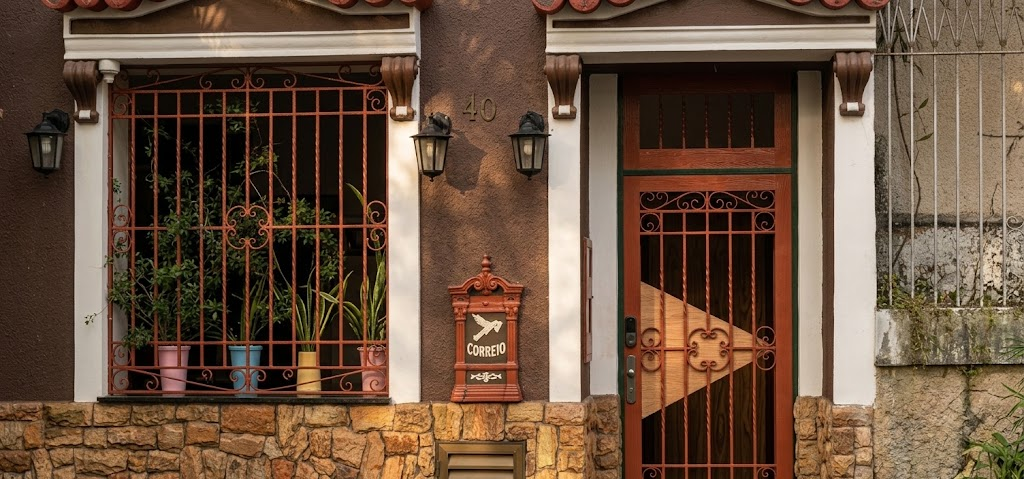 Fachada da Vila Bruna Pousada em Copacabana, Rio de Janeiro, ao fim da tarde
