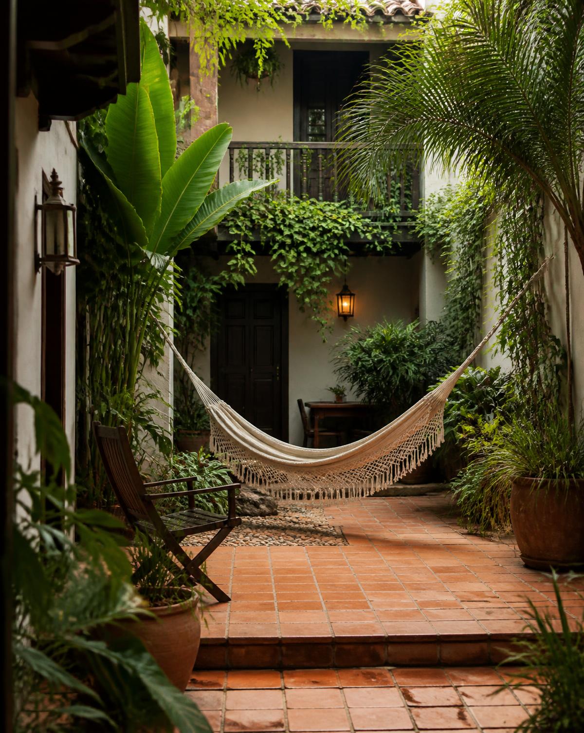 Jardim interno da Vila Bruna com rede e plantas tropicais